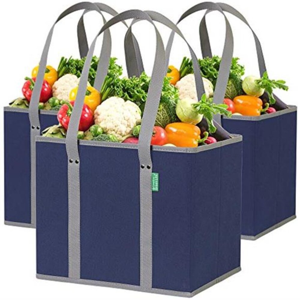 XL Structured Reusable Grocery Tote 3 Pack Canvas Box Shopping Bags Foldable
